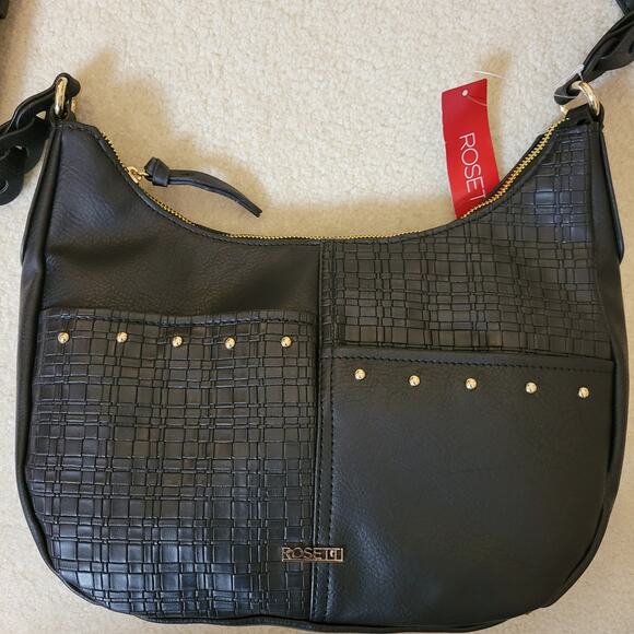 NWT Rosetti Black With Gold Metal Accents Crossbody Shoulder Bag Pockets - Picture 1 of 15
